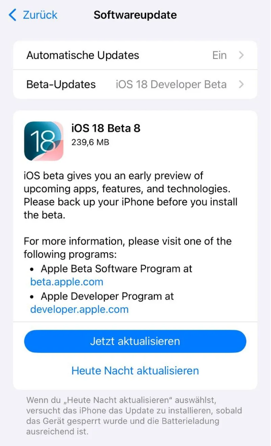 浚县苹果手机维修分享苹果 iOS / iPadOS 18 开发者预览版 Beta 8 发布 